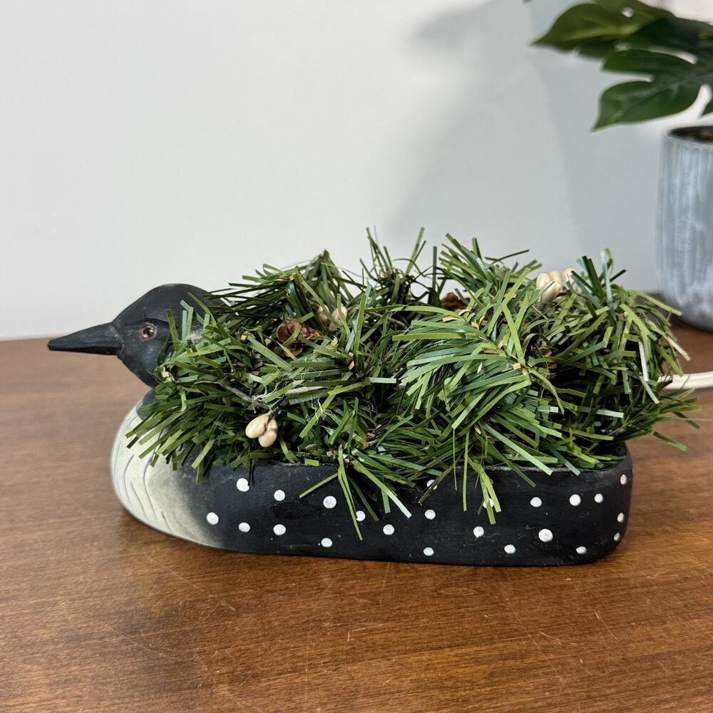 Vintage Hand Carved Wooden Loon Duck Lamp with Faux Pine & Berries Decor